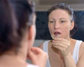 Woman placing a mouthguard into her mouth